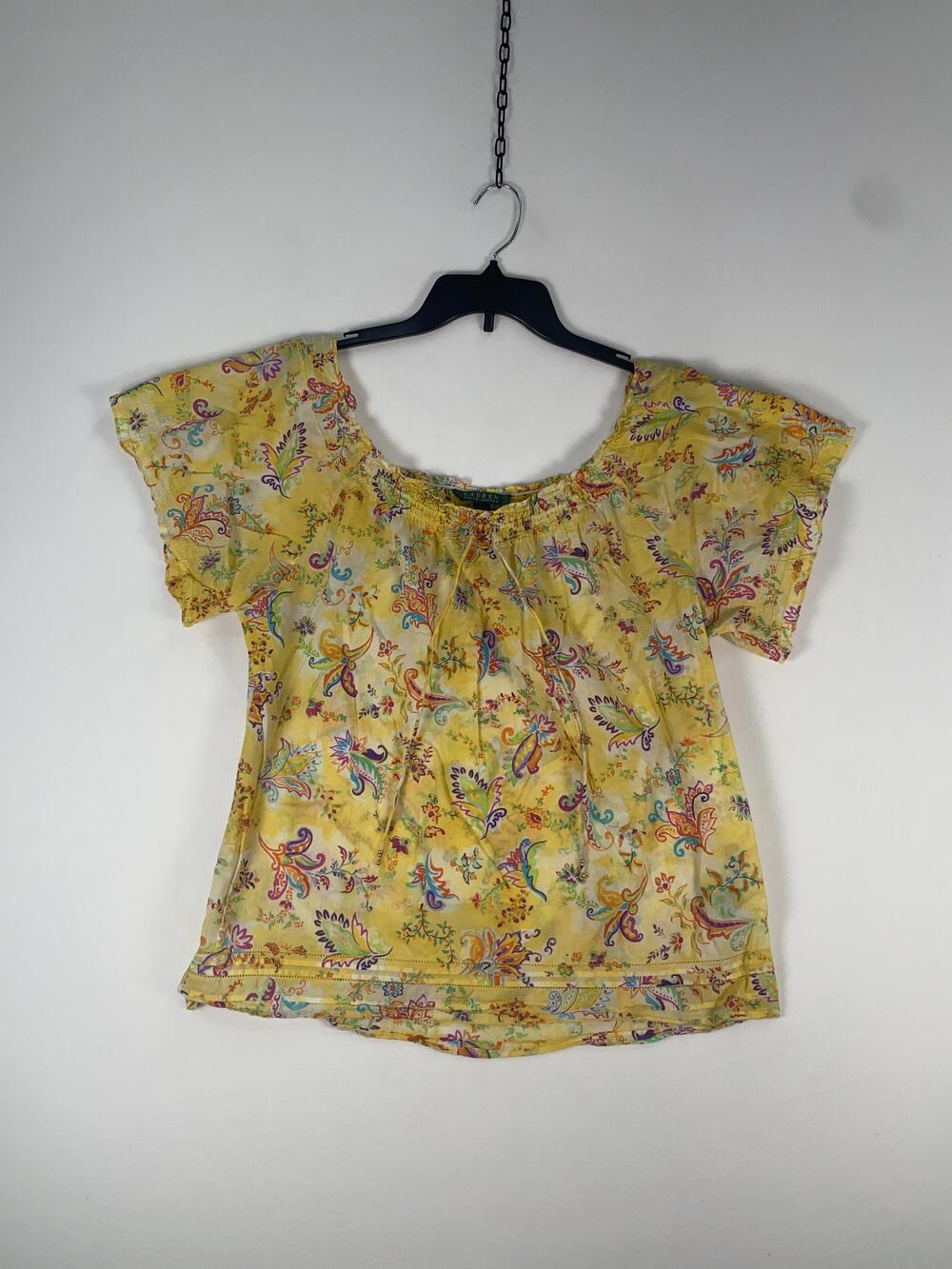 Lauren Ralph Lauren Blouse Womens XL Yellow Paisley Flutter Sleeve Peasant Top